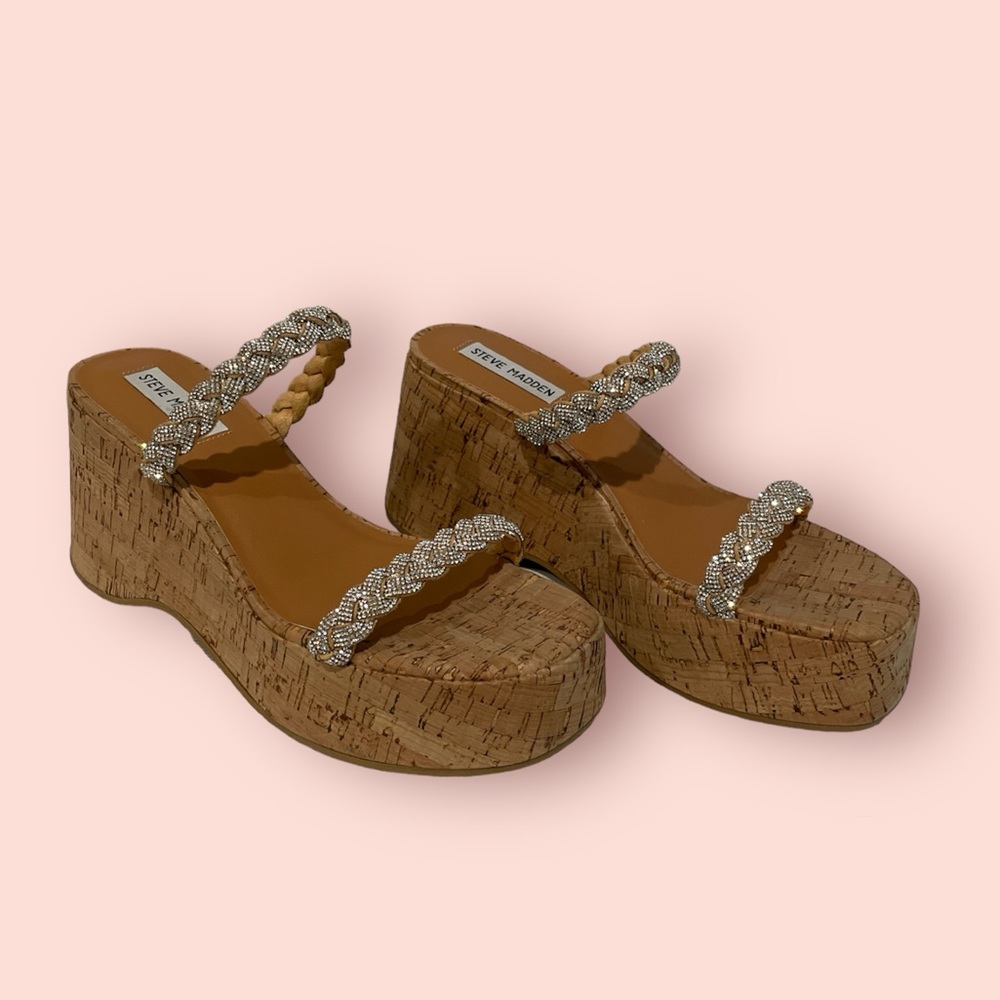 Steve Madden Danya platform sandals with rhinestone embellishments.